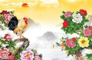 Tranh gà và hoa mẫu đơn