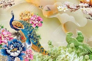 Tranh chim công và hoa mẫu đơn nền giả ngọc