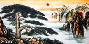Tranh sơn dầu cây tùng và thác nước