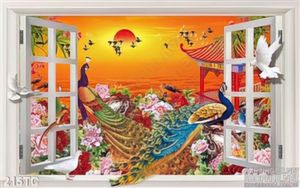 Tranh chim công bên cửa sổ và chú chim bồ câu trắng psd