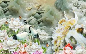 Tranh giả ngọc chim Hạc và chim công