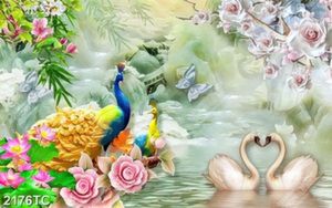 Tranh chim công và chim thiên nga nền gỉa ngọc