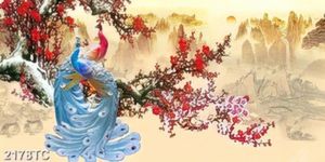 Tranh chim công và hoa đào mùa xuân