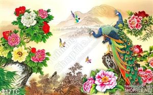 Tranh chim công chim công và những bụi hoa đẹp 3d