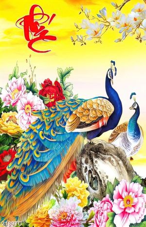 Tranh thư pháp chữ Phúc và chim công