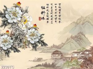 Tranh phong cảnh quê và hoa mẫu đơn