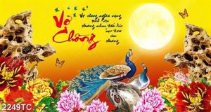 Tranh chim công và hoa mẫu đơn thư pháp vợ chồng
