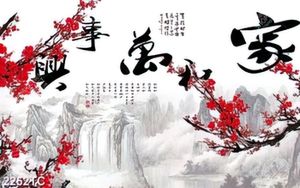 Tranh cây đào và thác nước chất lượng cao