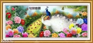 Tranh sơn dầu chim công và hoa mẫu đơn