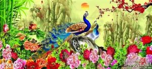 Tranh chim công hoa mẫu đơn và núi non psd 3d