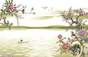 Tranh hoa mẫu đơn và người lái đò