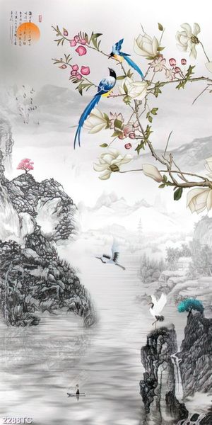 Tranh hoa mộc lan và cảnh thác