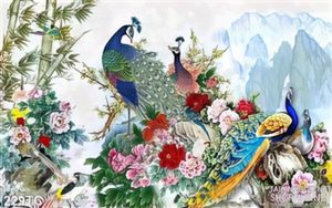Tranh chim công sơn thủy hữu tình wall 3d psd