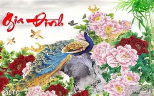 Tranh chim công gia đình và hoa mẫu đơn