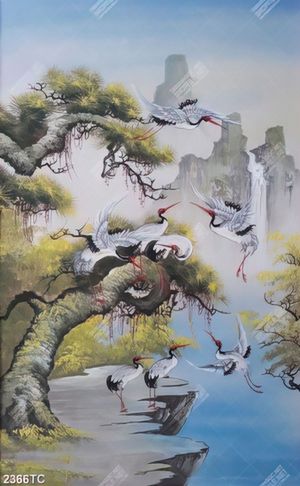 Tranh sơn dầu chim Hạc và cây Tùng