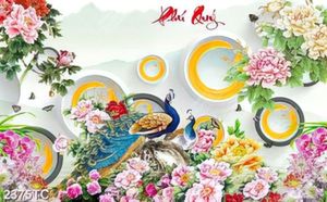 Tranh đôi công và hoa mẫu đơn nền 3D
