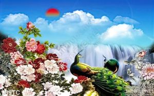 Tranh chim công và thác nước  hoa mẫu đơn đẹp 3d