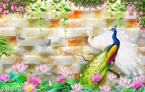 Tranh đôi công và hoa Sen nền giả ngọc