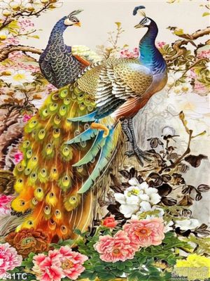 Tranh chim công tán tỉnh khỏe sắc và hoa mẫu đơn