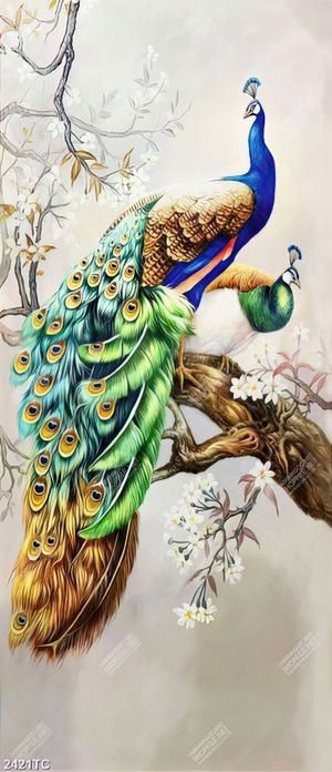 Tranh chim công trên cành hoa mai in canvas đẹp