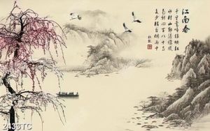 Tranh cây đào và phong cảnh sông núi