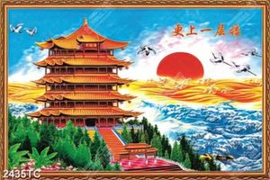 Tranh ngôi chùa trên núi hoàng hôn