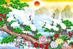 Tranh sơn dầu chim Hạc và cây Tùng in tranh thuê đẹp