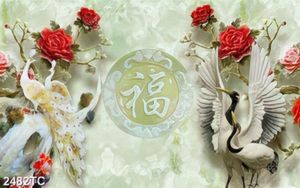 Tranh chữ thư pháp chim công và đôi Hạc