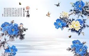 Tranh hoa mẫu đơn xanh và chữ thư pháp