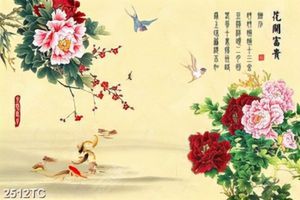 Tranh thư pháp hoa mẫu đơn và cá chép
