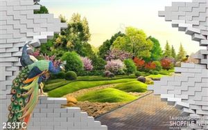 Tranh chim công và bức tường gạch psd