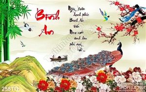 Tranh chim công bình an và con thuyền nhỏ psd