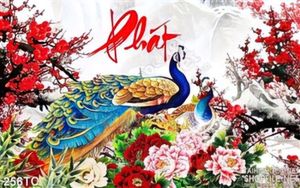 Tranh chim công phát và hoa đào đổ psd in uv
