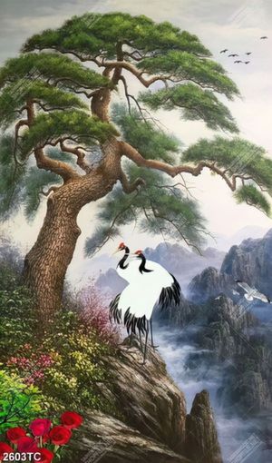 Tranh sơn dầu cây Tùng lớn và chim Hạc