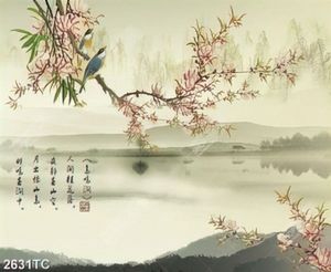 Tranh hoa đào mùa xuân trên sông