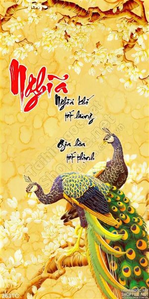 Tranh chim công nghĩa và cành hoa vàng