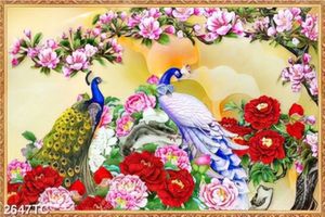 Tranh đôi chim công và hoa đào
