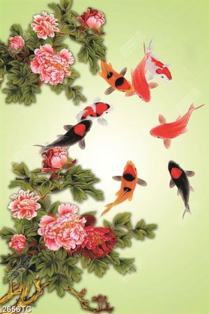 Tranh hoa mẫu đơn và cá chép