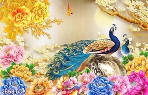 Tranh chim công và hoa mẫu đơn vàng