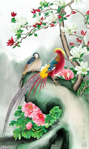 Tranh đôi chim và cành hoa mộc lan