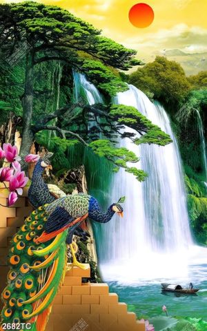 Tranh đôi chim công và thác nước phong thủy