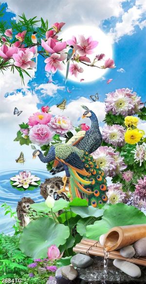 Tranh đôi chim công và hoa cúc