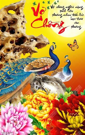 Tranh thư pháp Vợ Chồng và đôi chim công đẹp