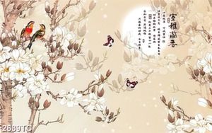 Tranh cây hoa mộc lan và đôi chim trên cây