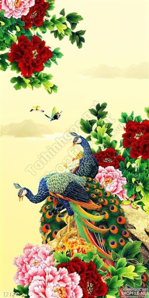 Tranh chim công khổ dọc và hoa mẫu đơn 3d
