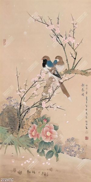 Tranh cây hoa đào và đôi chim uyên ương