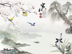 Tranh hoa mộc lan và núi