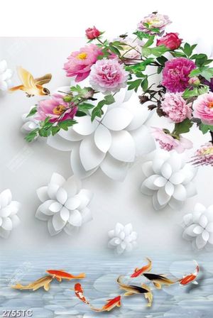 Tranh cá chép và hoa mẫu đơn dán tường đẹp