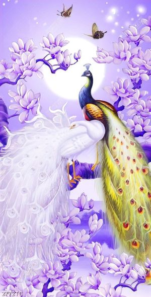 Tranh lụa chim công và hoa mộc lan tím