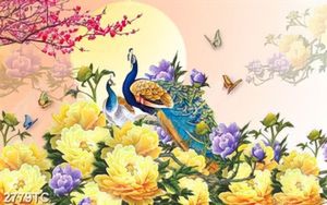 Tranh vườn hoa mộc lan và chim công